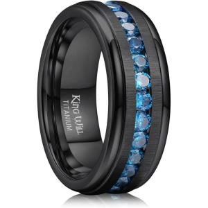 King Will Titanium Wedding Band for Men Women-8mm Black/Silver/Gold Wedding Ring with Cubic Zirconia CZ Inlay Matte Finish Engagement Promise Ring Comfort Fit Size 7-14(Black-Royal Blue)