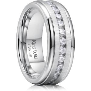 King Will Titanium Wedding Band for Men Women-8mm Black/Silver/Gold Wedding Ring with Cubic Zirconia CZ Inlay Matte Finish Engagement Promise Ring Comfort Fit Size 7-14(Sliver-White)