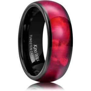 King Will Tungsten Carbide Rings for Men Black Mens Wedding Band Colorful Shell Inlay Domed Polished(Red-8mm)