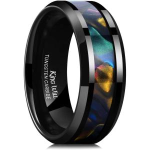 King Will Tungsten Carbide Wedding Band for Men – 8mm Black High Polished Inlay Green/Black Olive Shell Texture Patterns for Everyday Wear Comfort Fit(Abalone Shell)