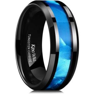 King Will Tungsten Carbide Wedding Band for Men – 8mm Black High Polished Inlay Green/Black Olive Shell Texture Patterns for Everyday Wear Comfort Fit(Black & Blue)
