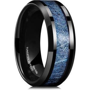King Will Tungsten Carbide Wedding Band for Men – 8mm Black High Polished Inlay Green/Black Olive Shell Texture Patterns for Everyday Wear Comfort Fit(Blue Fiber)