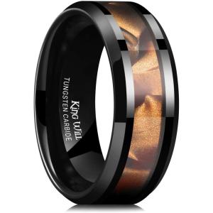 King Will Tungsten Carbide Wedding Band for Men – 8mm Black High Polished Inlay Green/Black Olive Shell Texture Patterns for Everyday Wear Comfort Fit(Black & Brown)