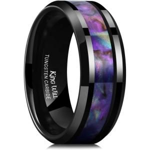 King Will Tungsten Carbide Wedding Band for Men – 8mm Black High Polished Inlay Green/Black Olive Shell Texture Patterns for Everyday Wear Comfort Fit(Blue+Purple+Pink Shell)