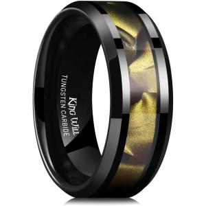 King Will Tungsten Carbide Wedding Band for Men – 8mm Black High Polished Inlay Green/Black Olive Shell Texture Patterns for Everyday Wear Comfort Fit(Black Olive)
