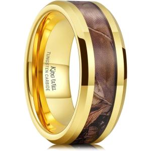 King Will Tungsten Carbide Wedding Band for Men – 8mm Black High Polished Inlay Green/Black Olive Shell Texture Patterns for Everyday Wear Comfort Fit(Gold & Camo 8mm)