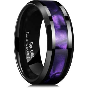 King Will Tungsten Carbide Wedding Band for Men – 8mm Black High Polished Inlay Green/Black Olive Shell Texture Patterns for Everyday Wear Comfort Fit(Purple Shell)