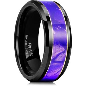 King Will Tungsten Carbide Wedding Band for Men – 8mm Black High Polished Inlay Green/Black Olive Shell Texture Patterns for Everyday Wear Comfort Fit(Purple+Gold Line)