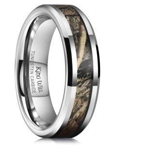 King Will Tungsten Carbide Wedding Band for Men – 8mm Black High Polished Inlay Green/Black Olive Shell Texture Patterns for Everyday Wear Comfort Fit(Silver & Camo 6mm)