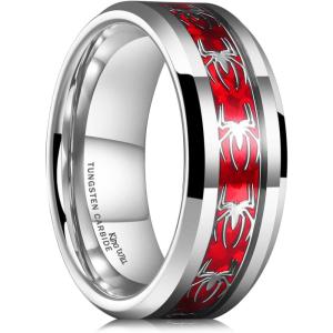 King Will Tungsten Carbide Wedding Band for Men – 8mm Black High Polished Inlay Spider for Everyday Wear Comfort Fit(Silver 8mm)