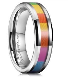 King Will Tungsten Carbide Wedding Band for Men – 8mm Black Plated High Polished Inlay Rainbow Sticker Rings for Weddding Engagement Comfort Fit(Rainbow Silver)
