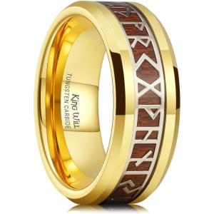King Will Tungsten Carbide Wedding Band for Men – 8mm Black/Silver/Gold Inlay with Norse Viking Rune & Hawaii Koa Wood Mens Ring, High Polished Beveled Edge for Daily Wear, Comfort Fit Size 7-14(Gold)