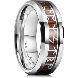 King Will Tungsten Carbide Wedding Band for Men – 8mm Black/Silver/Gold Inlay with Norse Viking Rune & Hawaii Koa Wood Mens Ring, High Polished Beveled Edge for Daily Wear, Comfort Fit Size 7-14(Silver)