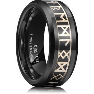 King Will Tungsten Carbide Wedding Band for Men – 8mm Black/Silver/Gold Inlay with Norse Viking Rune & Hawaii Koa Wood Mens Ring, High Polished Beveled Edge for Daily Wear, Comfort Fit Size 7-14(Black & Gold)