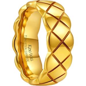 King Will Tungsten Carbide Wedding Band for Men Women, 8mm Gold/Black Plated Wedding Ring with Notch Design Comfort Fit Promise Ring Size 7-14(Gold)