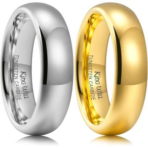 King Will Tungsten Carbide Wedding Band for Men Women Promise Rings for Couples Domed High Polish(6mm 2PC-Silver & Gold)
