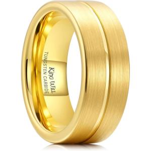 King Will Tungsten Carbide Wedding Band for Men Women-4/6/8mm Width 14K Gold Plated Tungsten Wedding Ring Matte Brushed & High Polished Style Comfort Fit Wedding Band Size 6-14(F-8mm-Gold Groove)