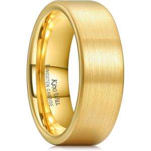 King Will Tungsten Carbide Wedding Band for Men Women-4/6/8mm Width 14K Gold Plated Tungsten Wedding Ring Matte Brushed & High Polished Style Comfort Fit Wedding Band Size 6-14(D-8mm Pipe Cut)