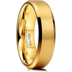 King Will Tungsten Carbide Wedding Band for Men Women-4/6/8mm Width 14K Gold Plated Tungsten Wedding Ring Matte Brushed & High Polished Style Comfort Fit Wedding Band Size 6-14(B-6mm Gold Tungsten)