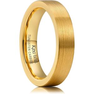 King Will Tungsten Carbide Wedding Band for Men Women-4/6/8mm Width 14K Gold Plated Tungsten Wedding Ring Matte Brushed & High Polished Style Comfort Fit Wedding Band Size 6-14(D-4mm Pipe Cut)
