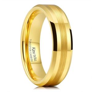 King Will Tungsten Carbide Wedding Band for Men Women-4/6/8mm Width 14K Gold Plated Tungsten Wedding Ring Matte Brushed & High Polished Style Comfort Fit Wedding Band Size 6-14(E-6mm Gold Brushed Center)
