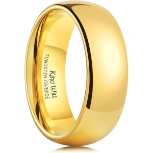King Will Tungsten Carbide Wedding Band for Men Women-4/6/8mm Width 14K Gold Plated Tungsten Wedding Ring Matte Brushed & High Polished Style Comfort Fit Wedding Band Size 6-14(F-7mm Gold Arc Polishing)