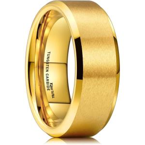 King Will Tungsten Carbide Wedding Band for Men Women-4/6/8mm Width 14K Gold Plated Tungsten Wedding Ring Matte Brushed & High Polished Style Comfort Fit Wedding Band Size 6-14(B-8mm Gold Tungsten)