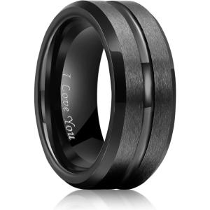 King Will Tungsten Carbide Wedding Band for Men Women-6/8/10mm Width Multicolor Available with Grooved Center Wedding Ring Suitable for Work, Gym Comfort Fit Size 4-16(A-Black-8mm-I LOVE YOU)