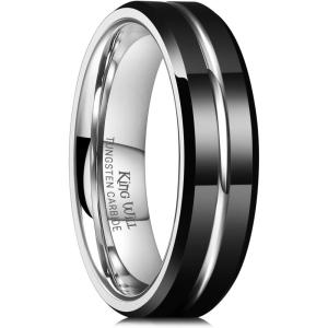 King Will Tungsten Carbide Wedding Band for Men Women-6/8/10mm Width Multicolor Available with Grooved Center Wedding Ring Suitable for Work, Gym Comfort Fit Size 4-16(Black and Silver-6mm)