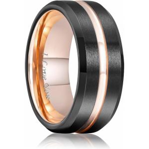 King Will Tungsten Carbide Wedding Band for Men Women-6/8/10mm Width Multicolor Available with Grooved Center Wedding Ring Suitable for Work, Gym Comfort Fit Size 4-16(Rose Gold and Black-I LOVE YOU)
