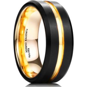 King Will Tungsten Carbide Wedding Band for Men Women-6/8/10mm Width Multicolor Available with Grooved Center Wedding Ring Suitable for Work, Gym Comfort Fit Size 4-16(Black and Gold-8mm)