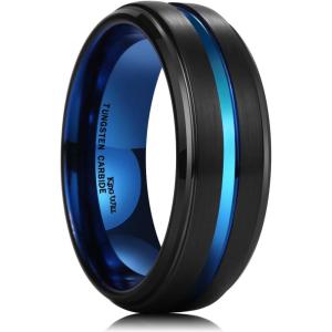 King Will Tungsten Carbide Wedding Band for Men Women-6/8/10mm Width Multicolor Available with Grooved Center Wedding Ring Suitable for Work, Gym Comfort Fit Size 4-16(Black and Blue-8mm)