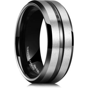 King Will Tungsten Carbide Wedding Band for Men Women-6/8/10mm Width Multicolor Available with Grooved Center Wedding Ring Suitable for Work, Gym Comfort Fit Size 4-16(Silver and Black-8mm)