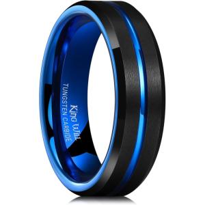 King Will Tungsten Carbide Wedding Band for Men Women-6/8/10mm Width Multicolor Available with Grooved Center Wedding Ring Suitable for Work, Gym Comfort Fit Size 4-16(Black and Blue-6mm)