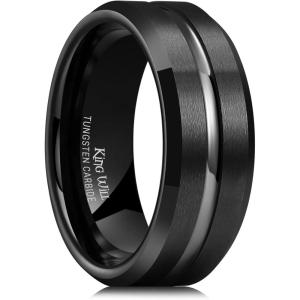 King Will Tungsten Carbide Wedding Band for Men Women-6/8/10mm Width Multicolor Available with Grooved Center Wedding Ring Suitable for Work, Gym Comfort Fit Size 4-16(A-Black-8mm)