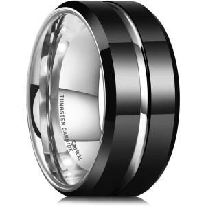 King Will Tungsten Carbide Wedding Band for Men Women-6/8/10mm Width Multicolor Available with Grooved Center Wedding Ring Suitable for Work, Gym Comfort Fit Size 4-16(Black and Silver-10mm)