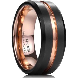 King Will Tungsten Carbide Wedding Band for Men Women-6/8/10mm Width Multicolor Available with Grooved Center Wedding Ring Suitable for Work, Gym Comfort Fit Size 4-16(Rose Gold and Black-8mm)