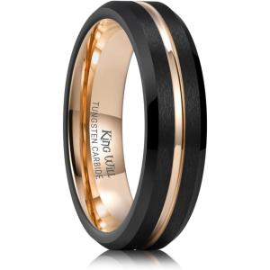 King Will Tungsten Carbide Wedding Band for Men Women-6/8/10mm Width Multicolor Available with Grooved Center Wedding Ring Suitable for Work, Gym Comfort Fit Size 4-16(Rose Gold and Black-6mm)