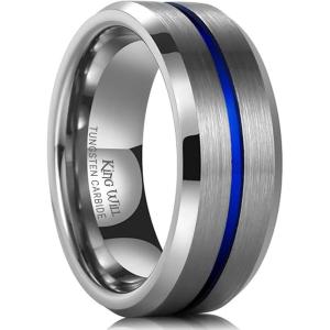 King Will Tungsten Carbide Wedding Band for Men Women-6/8/10mm Width Multicolor Available with Grooved Center Wedding Ring Suitable for Work, Gym Comfort Fit Size 4-16(Silver and Blue)