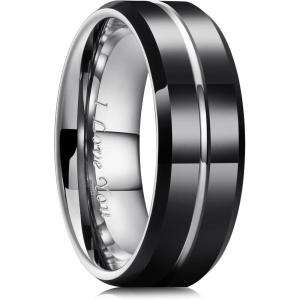 King Will Tungsten Carbide Wedding Band for Men Women-6/8/10mm Width Multicolor Available with Grooved Center Wedding Ring Suitable for Work, Gym Comfort Fit Size 4-16(Black and Silver-8mm-I LOVE YOU)