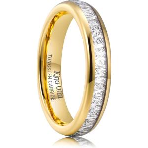 King Will Tungsten Rings for Men Meteorite Carbon Fiber Wood Inlay Mens Wedding Engagement Band Domed Polished(4mm Gold & Silver)
