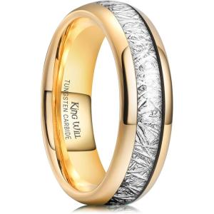 King Will Tungsten Rings for Men Meteorite Carbon Fiber Wood Inlay Mens Wedding Engagement Band Domed Polished(6mm Gold & Silver)