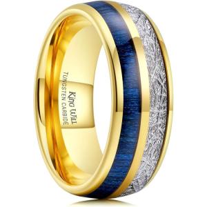 King Will Tungsten Rings for Men Meteorite Carbon Fiber Wood Inlay Mens Wedding Engagement Band Domed Polished(8mm Gold & Blue Maple Wood)