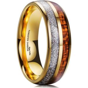 King Will Tungsten Rings for Men Meteorite Carbon Fiber Wood Inlay Mens Wedding Engagement Band Domed Polished(8mm Gold & Koa Wood)