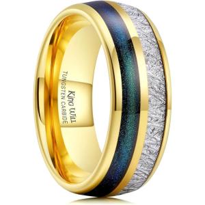 King Will Tungsten Rings for Men Meteorite Carbon Fiber Wood Inlay Mens Wedding Engagement Band Domed Polished(8mm Gold & Sand Inlay)