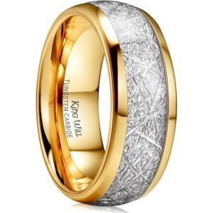 King Will Tungsten Rings for Men Meteorite Carbon Fiber Wood Inlay Mens Wedding Engagement Band Domed Polished(8mm Gold & Silver)