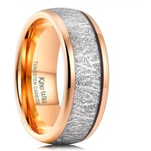 King Will Tungsten Rings for Men Meteorite Carbon Fiber Wood Inlay Mens Wedding Engagement Band Domed Polished(8mm Rose Gold & Silver)