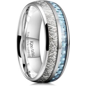 King Will Tungsten Rings for Men Meteorite Carbon Fiber Wood Inlay Mens Wedding Engagement Band Domed Polished(8mm Silver & Light Blue Carbon Fiber)