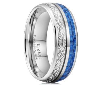 King Will Tungsten Rings for Men Meteorite Carbon Fiber Wood Inlay Mens Wedding Engagement Band Domed Polished(8mm Silver & Medium Blue Carbon Fiber)