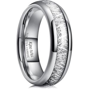 King Will Tungsten Rings for Men Meteorite Carbon Fiber Wood Inlay Mens Wedding Engagement Band Domed Polished(A 6mm all silver)